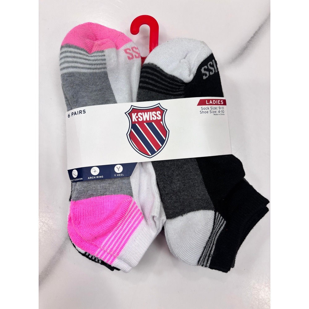 K-Swiss Ladies 6 Pair Low Cut Athletic Socks Pink Grey Black Shoe Size 4-10